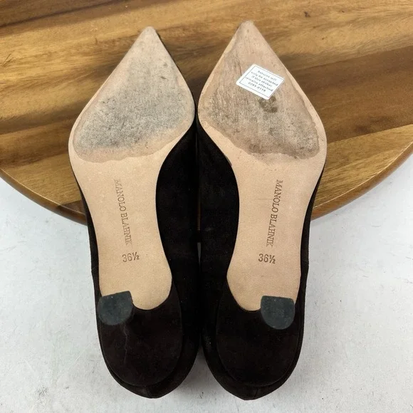 Womens Manolo Blahnik Vintage Brown Suede Pointed Kitten Heels Pumps Size 36.5